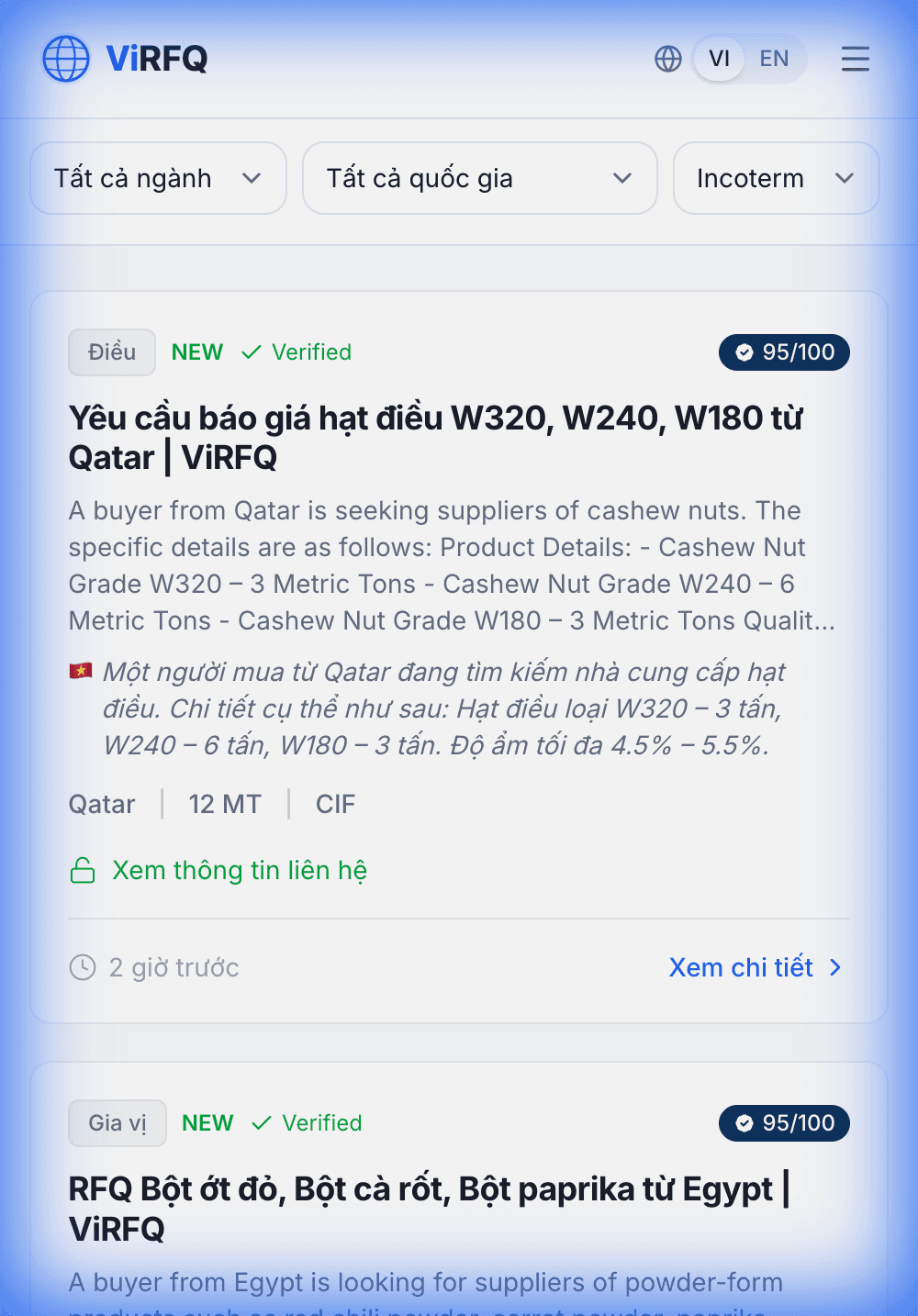 Giao diện ViRFQ hiển thị danh sách RFQ từ người mua quốc tế