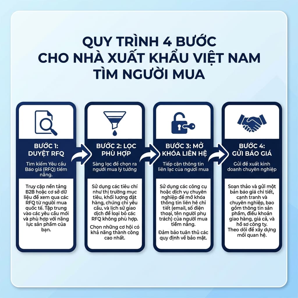 Quy trình tìm người mua trên ViRFQ: Duyệt → Lọc → Mở khóa → Gửi quotation